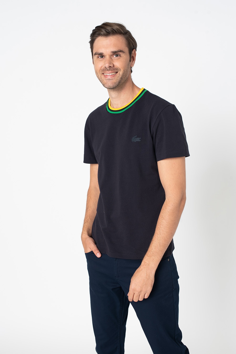 Lacoste, Tricou din amestec de bumbac cu logo discret, Negru/Galben/Verde