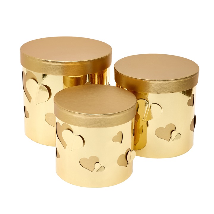 Комплект от 3 лъскави кръгли кутии, Createur, 3D модел сърце, злато, 19 x 19 cm