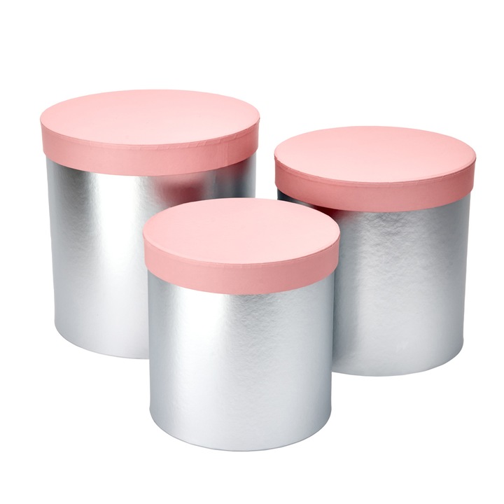 Комплект от 3 лъскави кръгли кутии, два цвята, Createur, сребристо/розово, 22,5 х 22,5 см