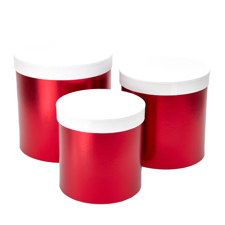 Комплект от 3 лъскави кръгли кутии, два цвята, Createur, червено/бяло, 22,5 х 22,5 см