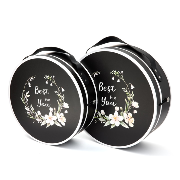 Комплект от 2 големи кръгли кутии с капак на цветя, Createur, черни, 35 х 12 см