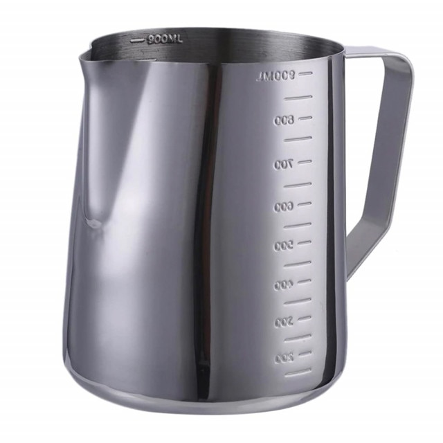 Cana gradata din inox Pufo, latiera pentru spumare lapte, cappuccino, tip ulcior barista cu maner, 900 ml