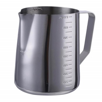 Cana gradata din inox Pufo, latiera pentru spumare lapte, cappuccino, tip ulcior barista cu maner, 900 ml Cana gradata din inox Pufo, latiera pentru spumare lapte, cappuccino, tip ulcior barista cu maner, 900 ml