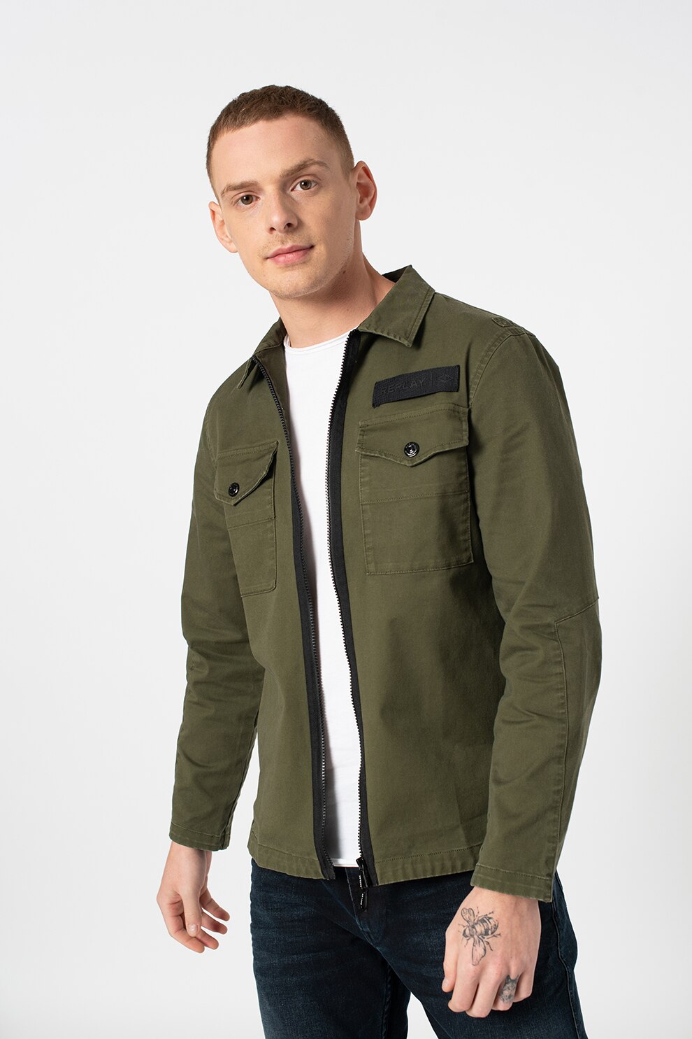 Replay, Jacheta cu fermoar si buzunare pe piept, Verde militar/Negru