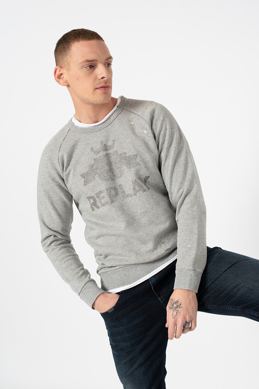 Replay, Bluza sport cu maneci raglan si logo, Gri deschis melange