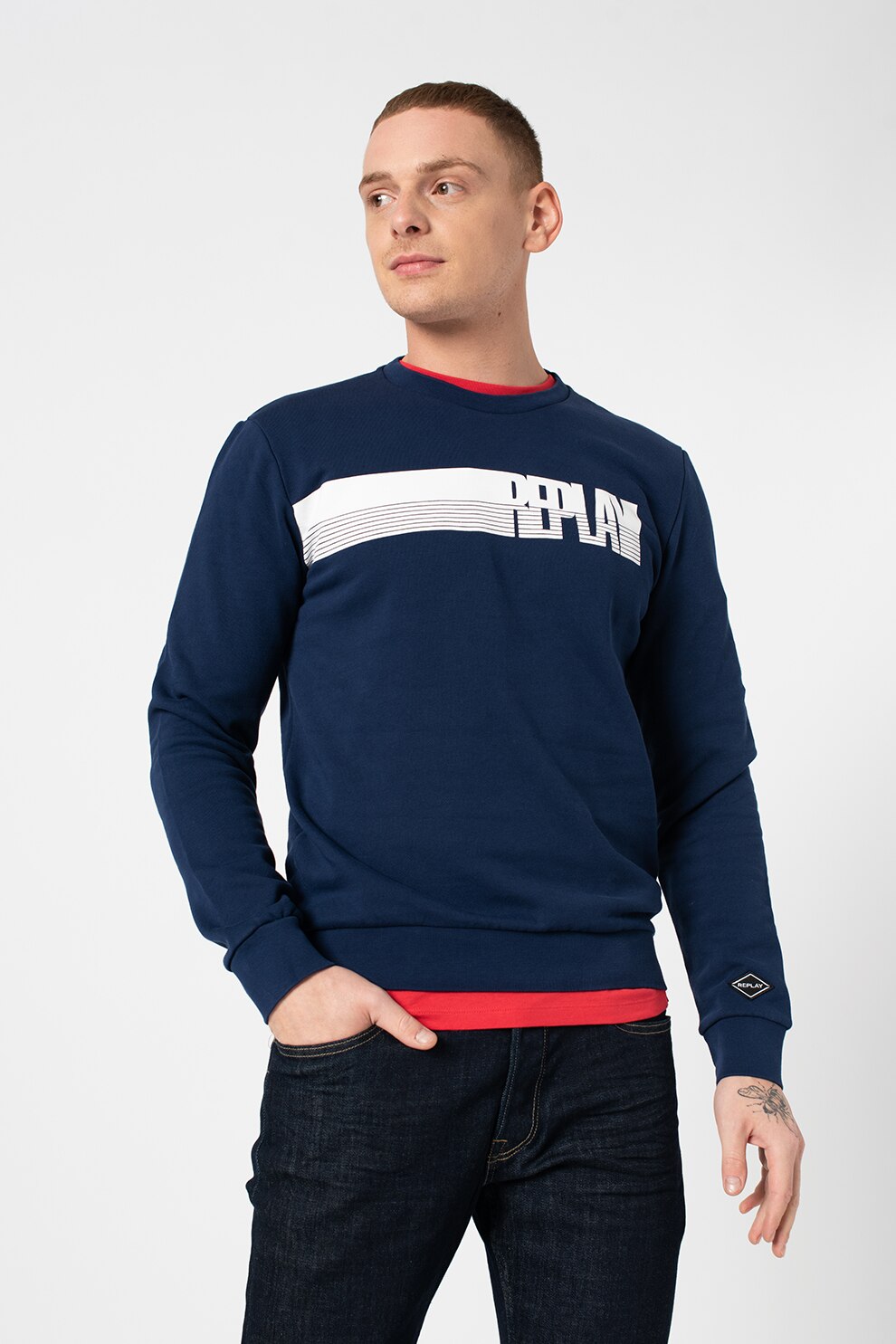 Replay, Bluza sport din bumbac, imprimeu logo, Bleumarin/Alb