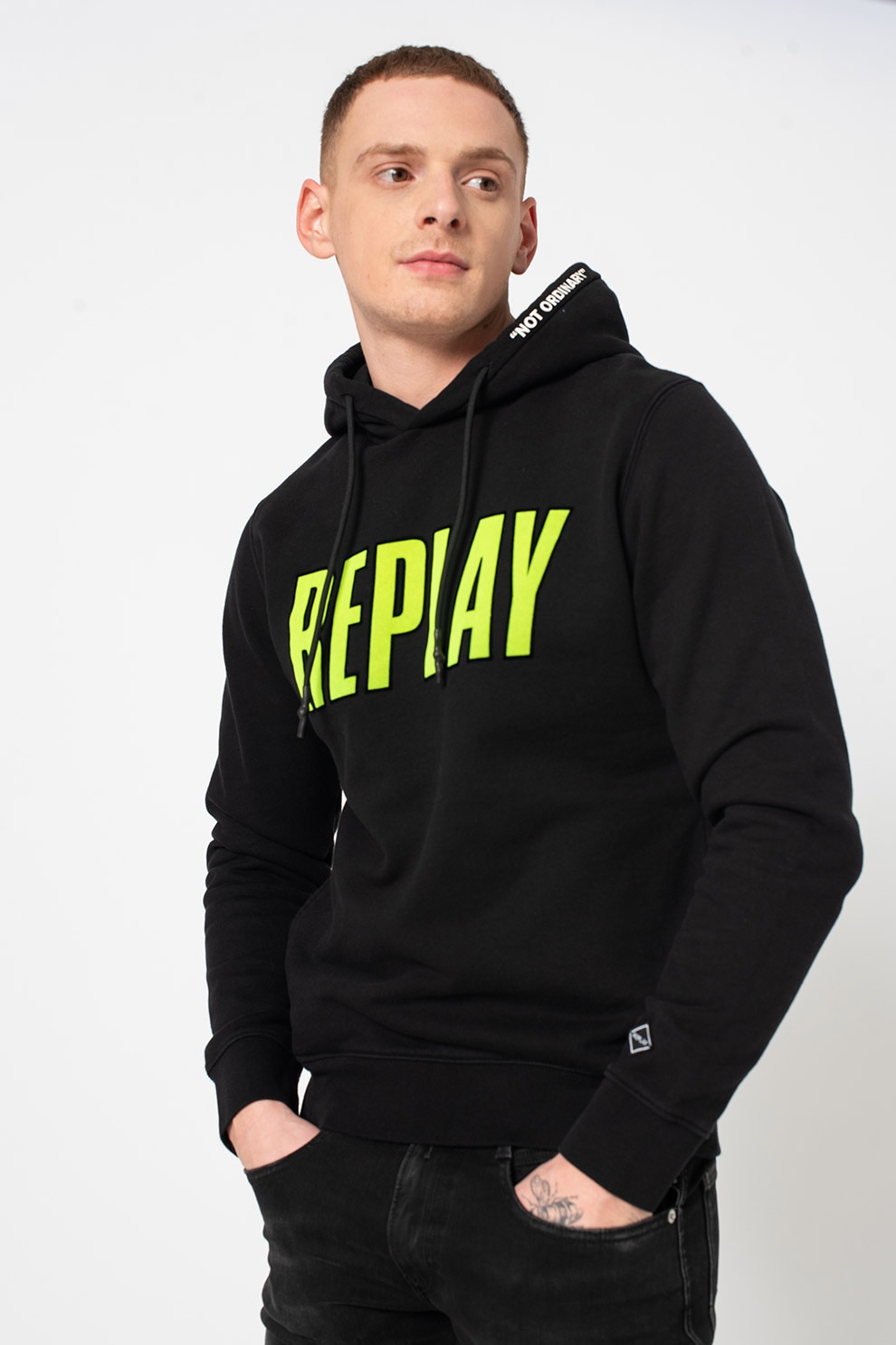 Replay, Hanorac din bumbac organic cu imprimeu logo, Negru/Verde electric