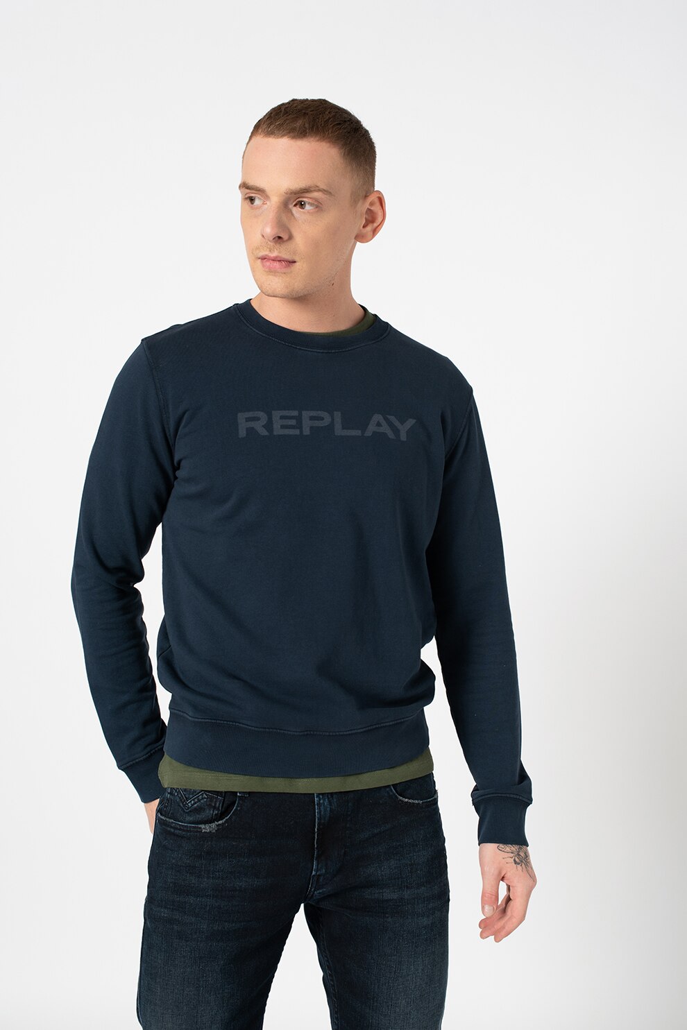 Replay, Bluza sport din bumbac organic cu imprimeu logo, Bleumarin