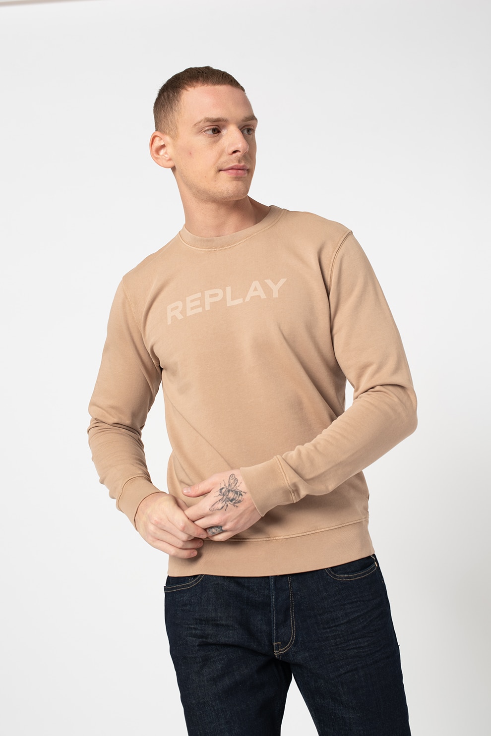Replay, Bluza sport din bumbac organic cu imprimeu logo, Maro camel