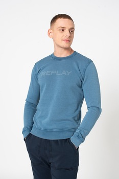 Replay, Bluza sport din bumbac organic cu imprimeu logo, Albastru inchis Replay, Bluza sport din bumbac organic cu imprimeu logo, Albastru inchis