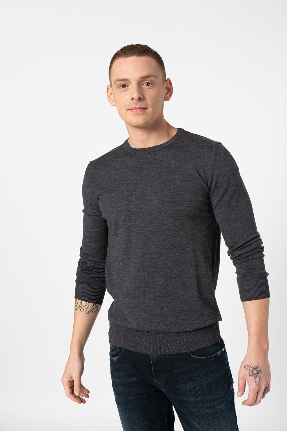 Replay, Pulover tricotat fin din amestec de lana virgina, Gri inchis melange