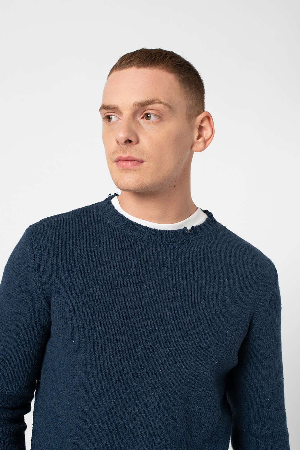 Replay, Pulover cu decolteu la baza gatului si detalii deteriorate, Bleumarin