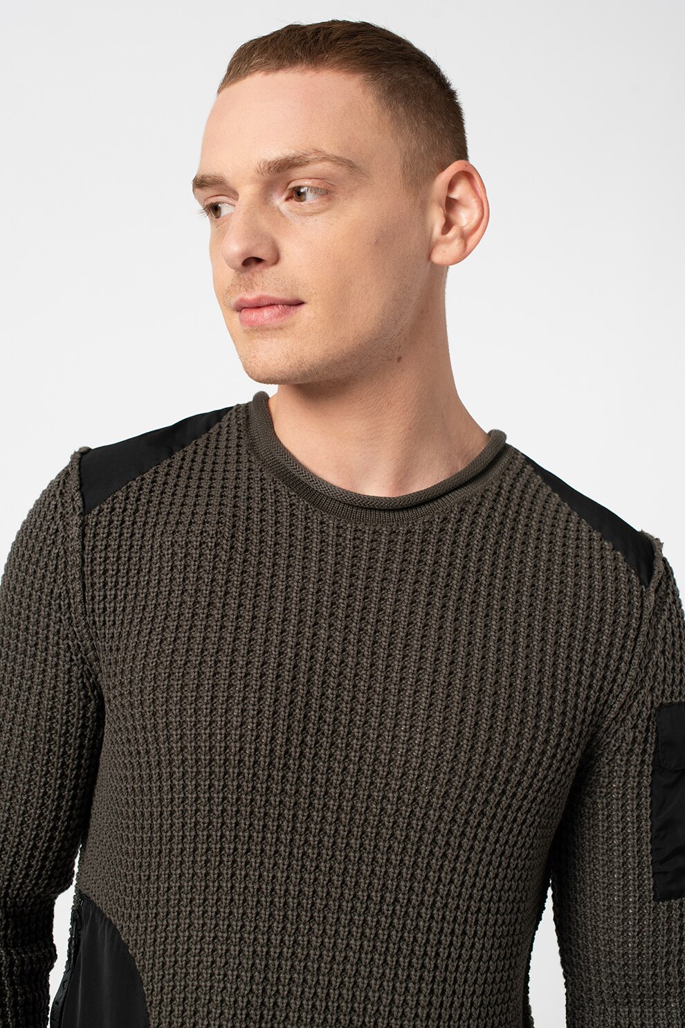 Replay, Pulover cu decolteu la baza gatului, texturat, Verde militar/Negru