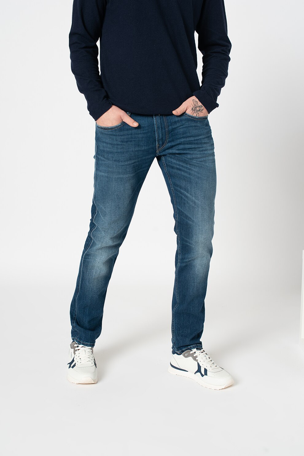 Replay, Blugi slim fit cu talie medie, Albastru inchis