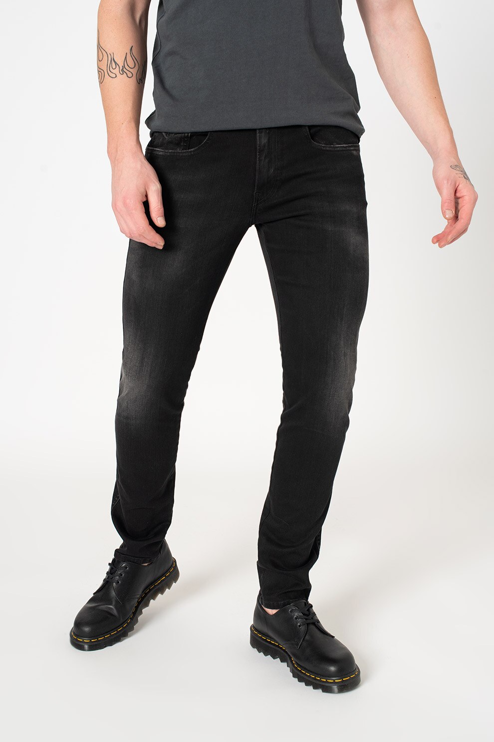 Replay, Blugi slim fit cu talie medie, Negru