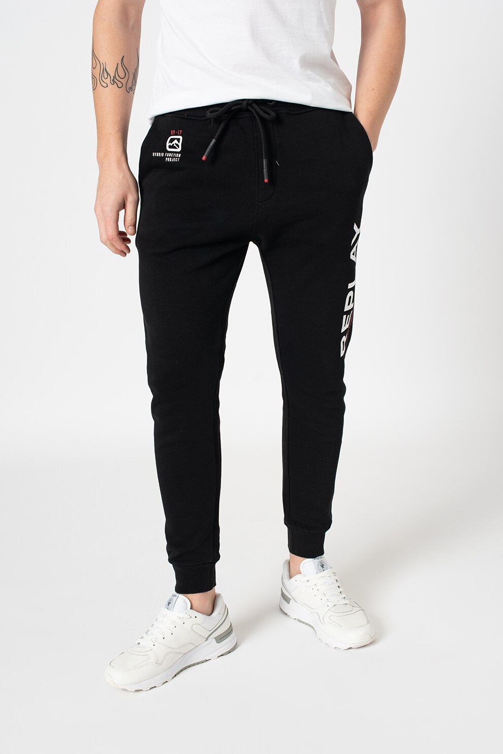 Replay, Pantaloni sport cu logo, Negru/Alb