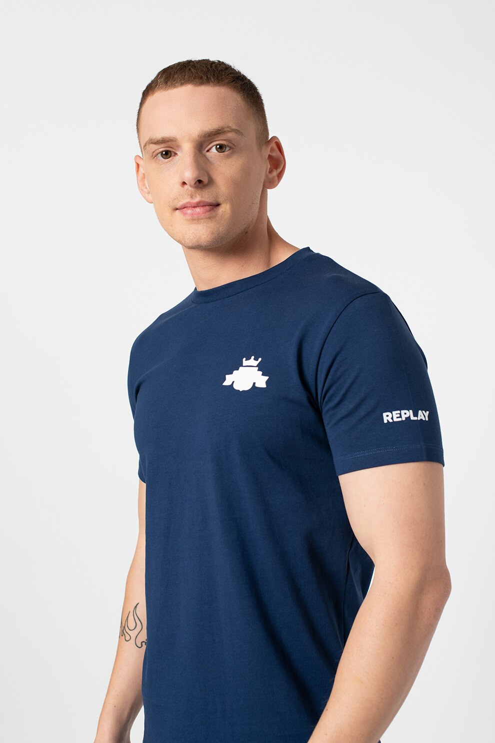 Replay, Tricou cu decolteu la baza gatului, din bumbac, albastru inchis/alb