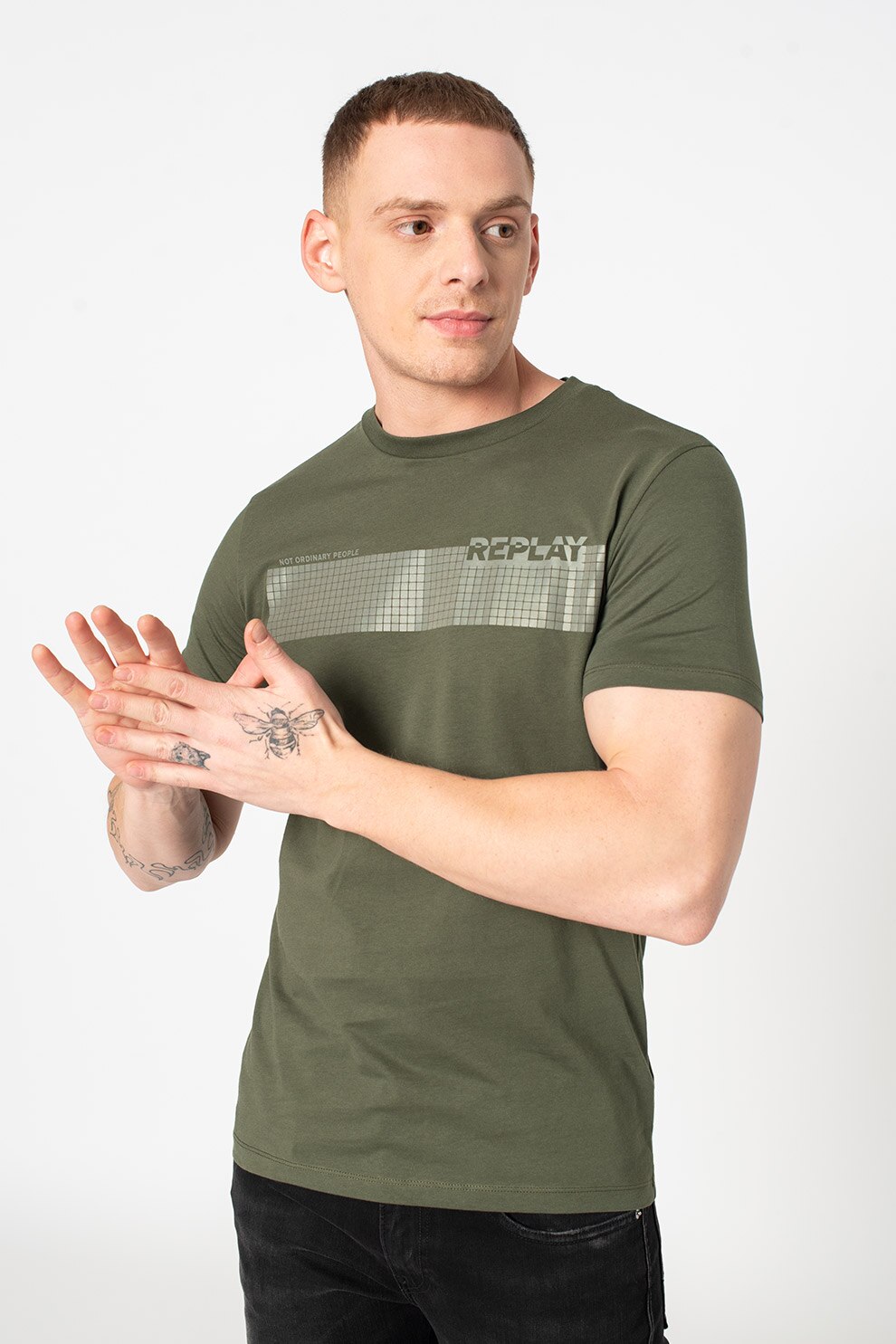 Replay, Tricou din bumbac cu imprimeu pe piept, Verde forest