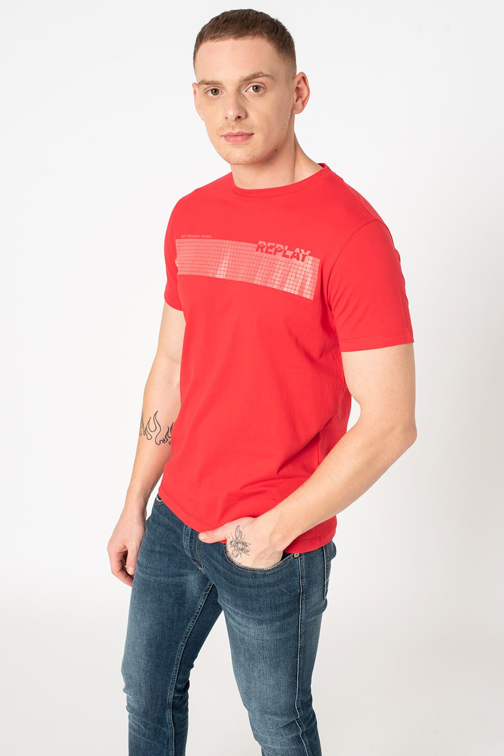 Replay, Tricou din bumbac cu imprimeu pe piept, Rosu