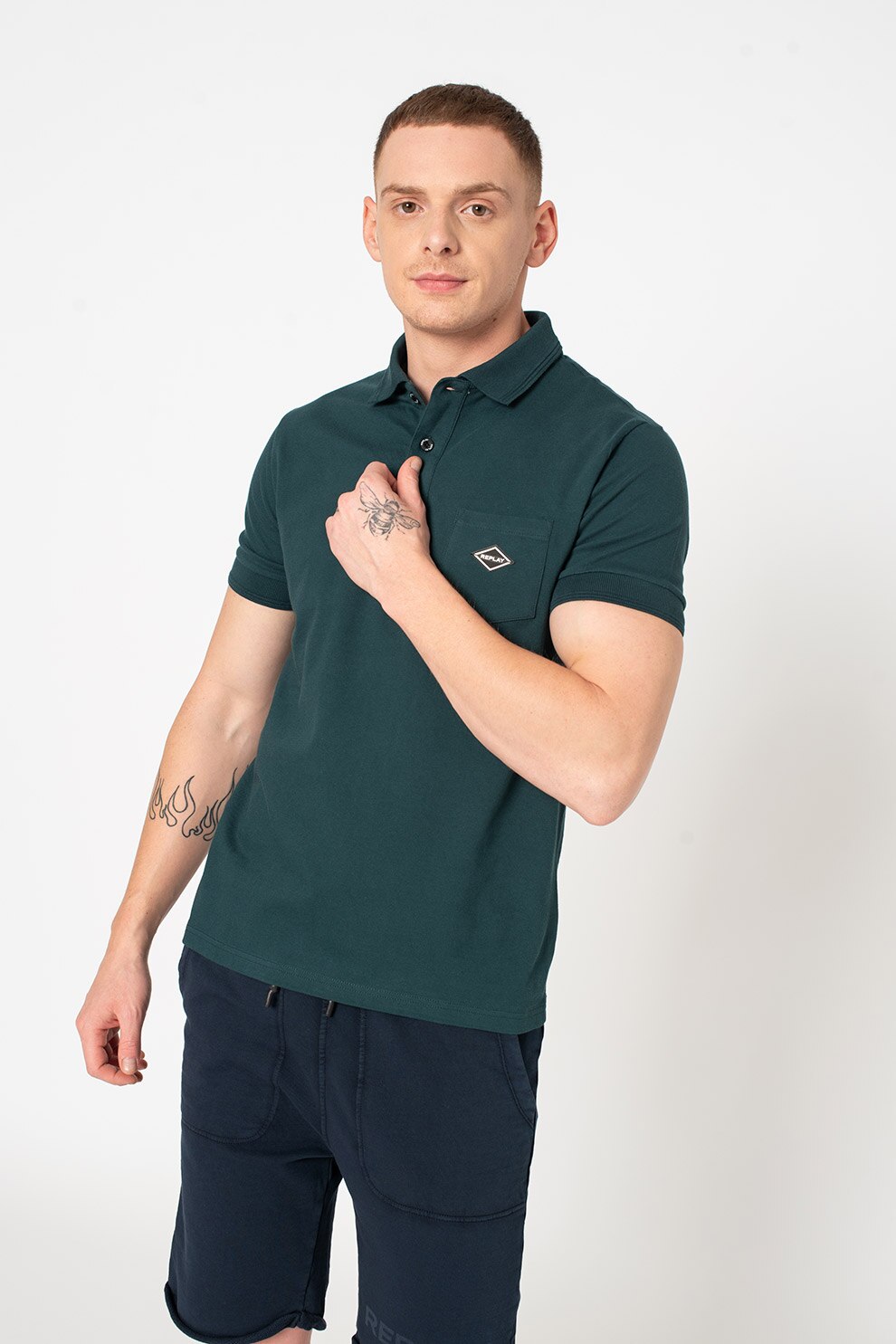 Replay, Tricou polo din material pique cu buzunar pe piept, Verde englez