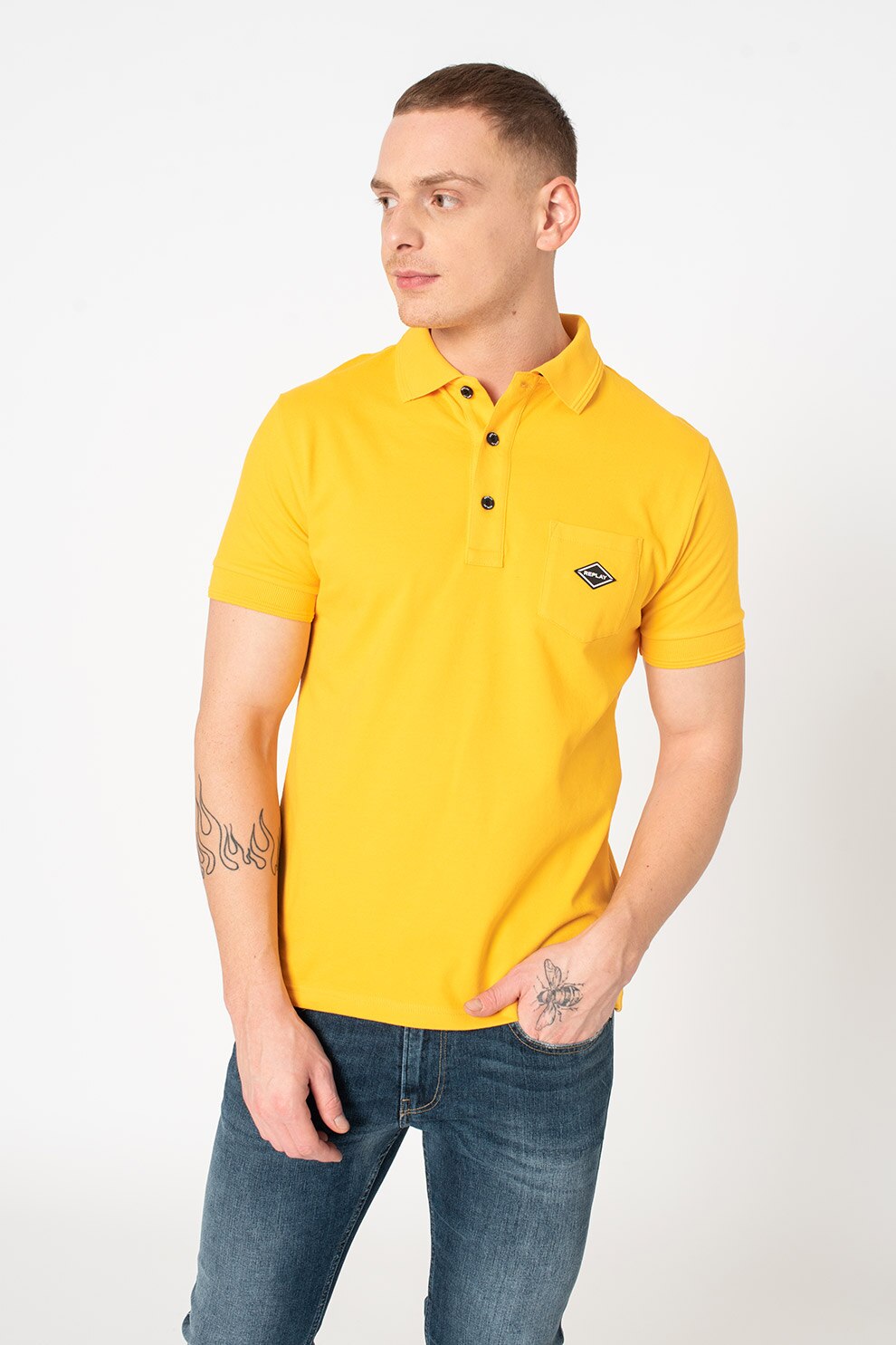 Replay, Tricou polo din material pique cu buzunar pe piept, Galben