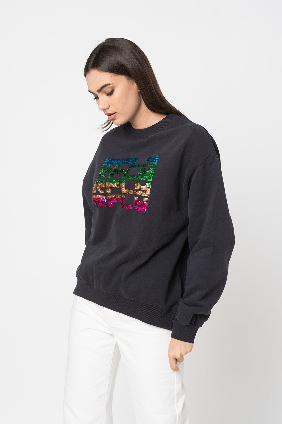 Replay, Bluza sport lejera cu maneci cazute W3581A-, Gri inchis