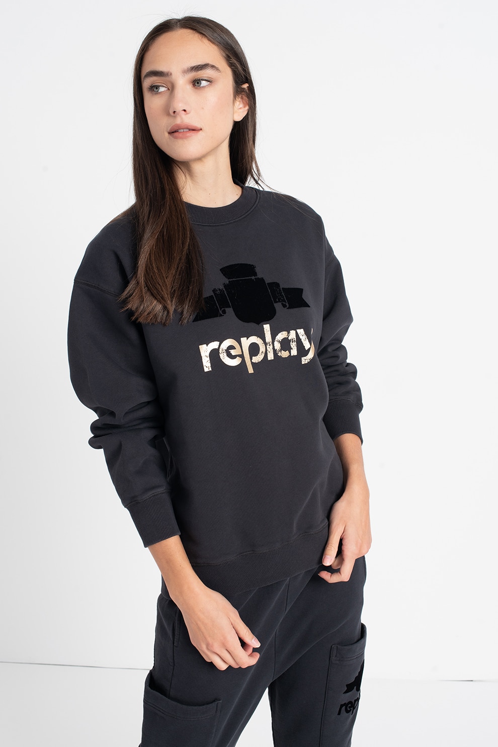 Replay, Bluza sport cu logo, Gri carbune/Auriu/Negru