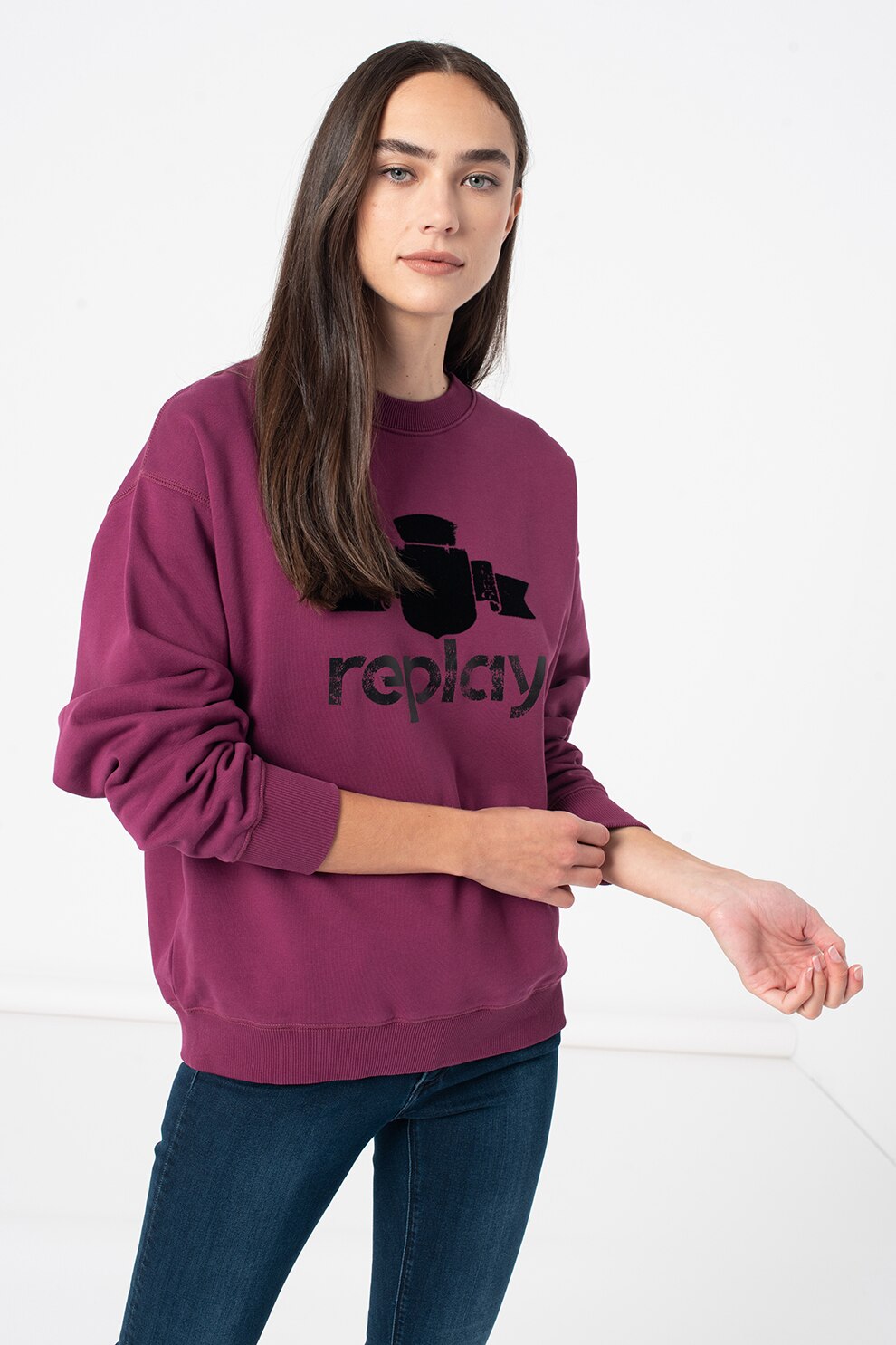 Replay, Bluza sport cu logo, Violet tyrian
