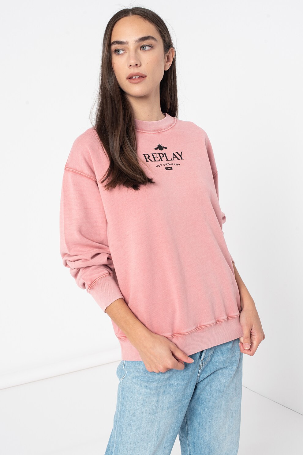 Replay, Bluza sport cu logo, Roz prafuit/ Negru