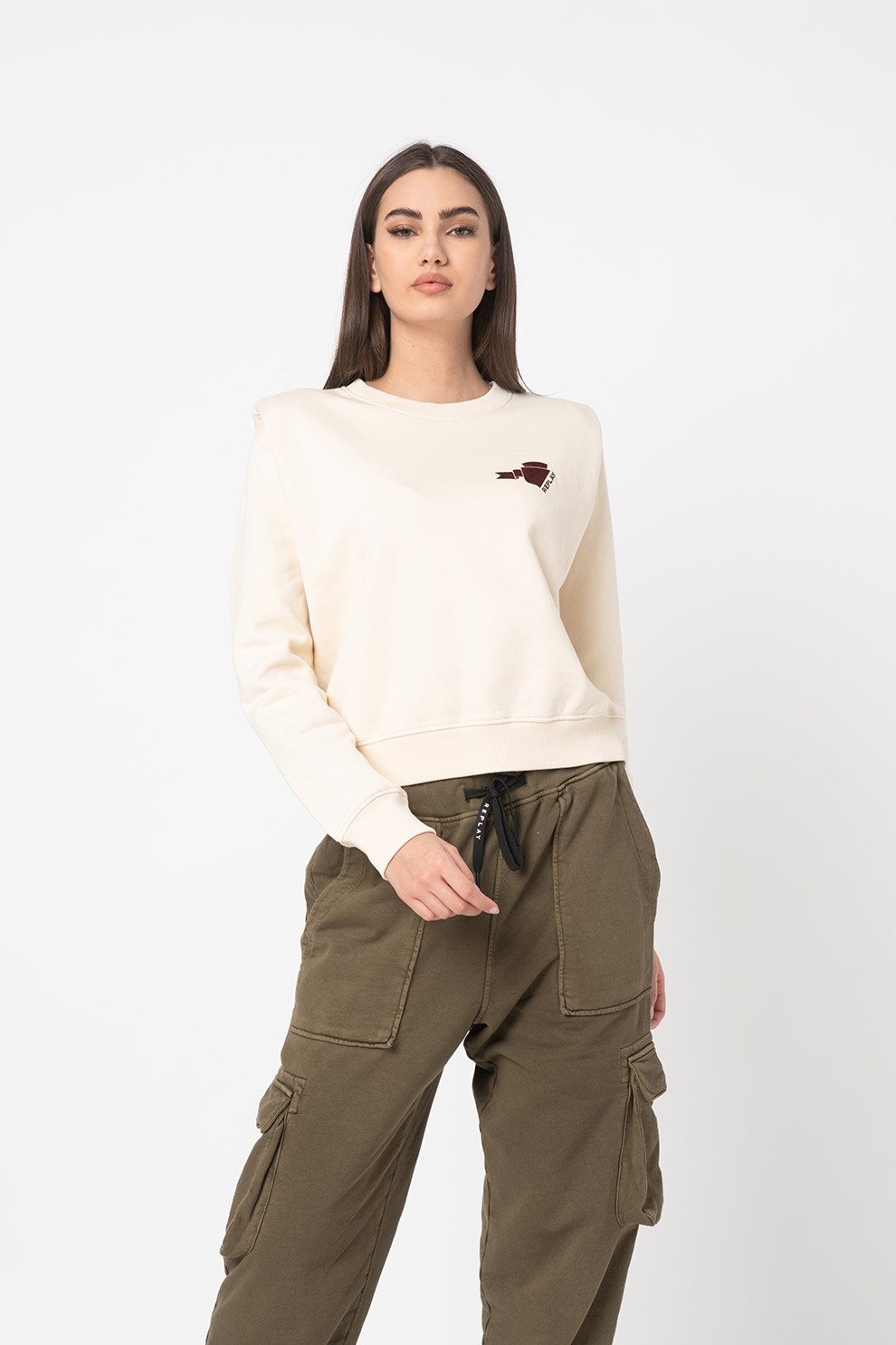Replay, Bluza sport lejera cu umeri intariti, Crem
