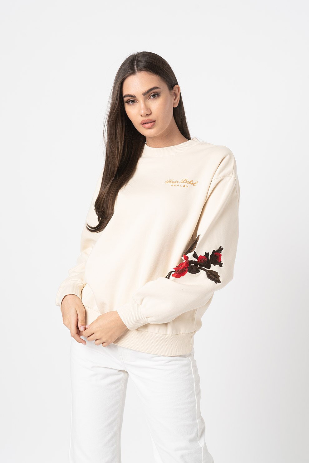 Replay, Bluza sport lejera cu maneci cazute W3616, Crem