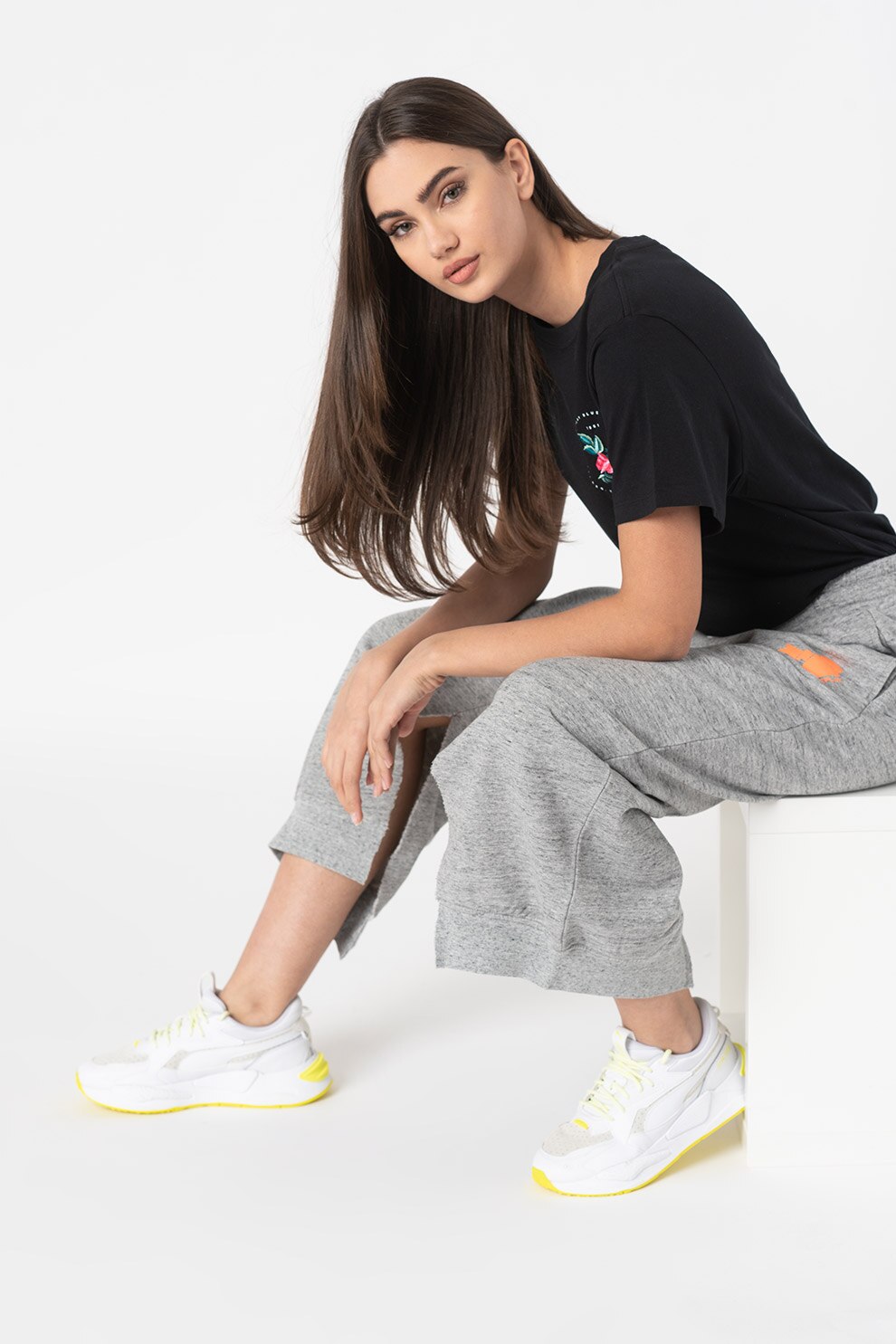 Replay, Pantaloni sport crop cu slituri laterale, Gri melange