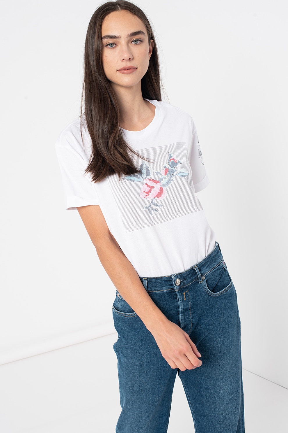 Replay, Tricou cu model floral, Alb optic/Albastru/Roz