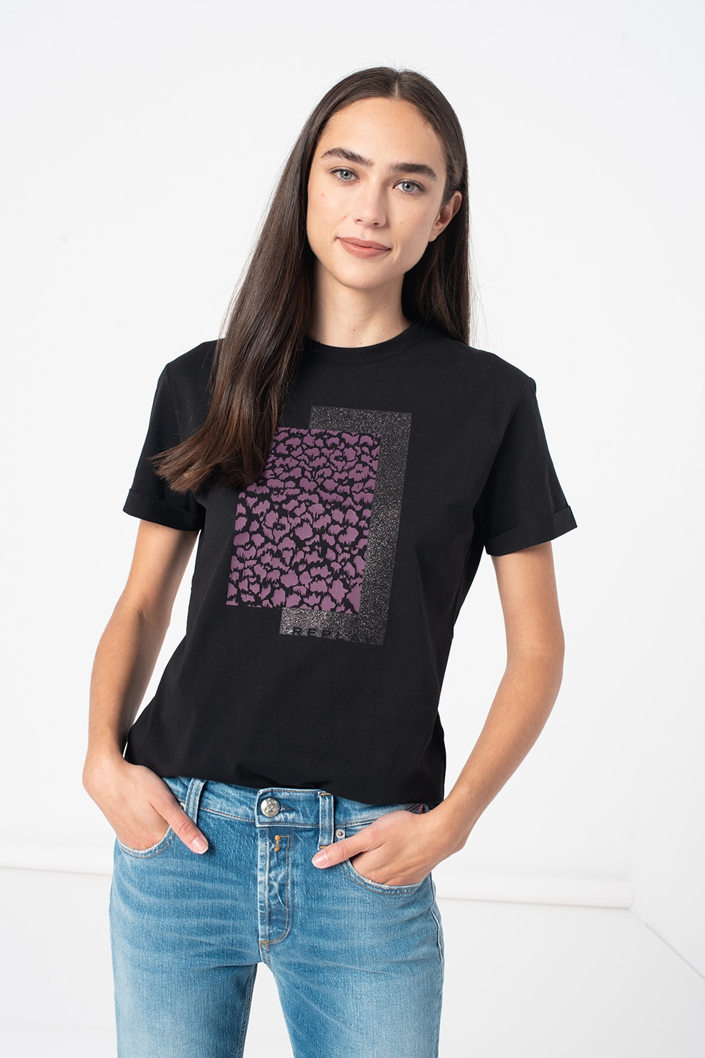 Replay, Tricou de bumbac cu imprimeu, Negru/Violet prafuit