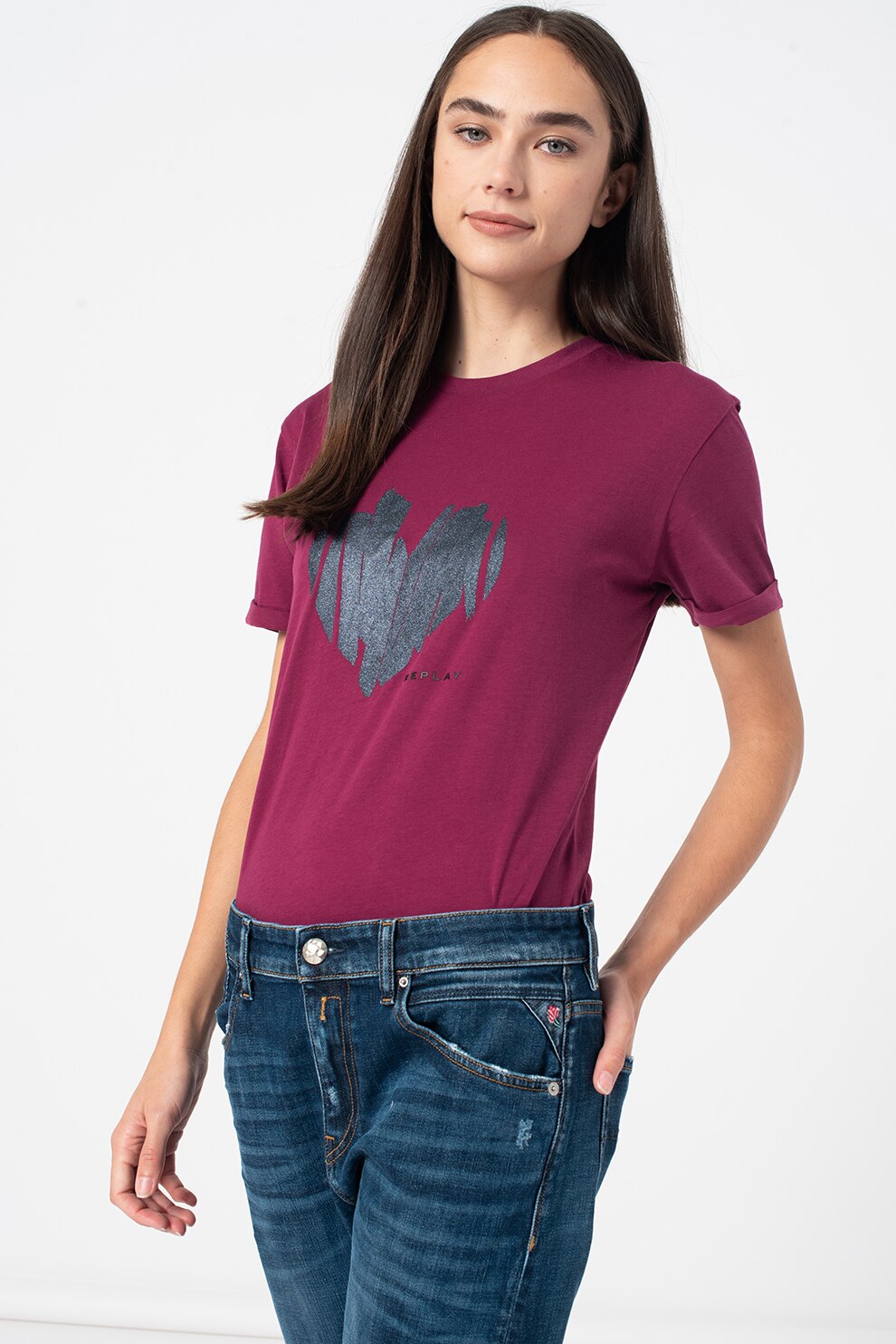 Replay, Tricou cu imprimeu stralucitor, Violet tyrian/Argintiu inchis
