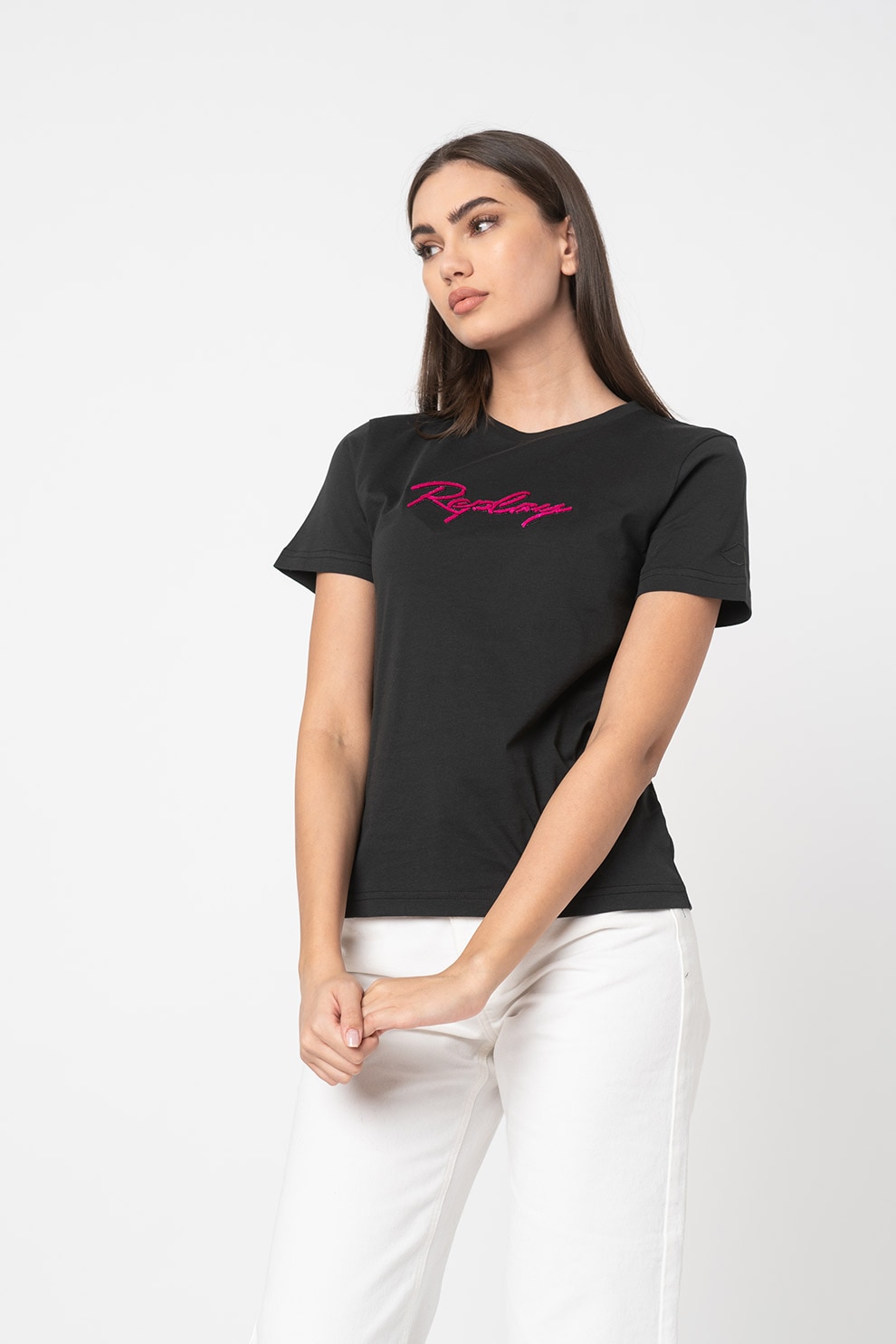 Replay, Tricou slim fit cu imprimeu logo stralucitor, Negru/Fucsia