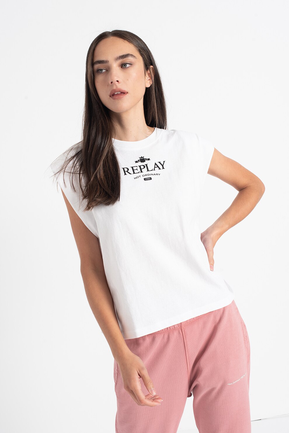 Replay, Top cu decolteu la baza gatului si logo, Alb prafuit/ Negru