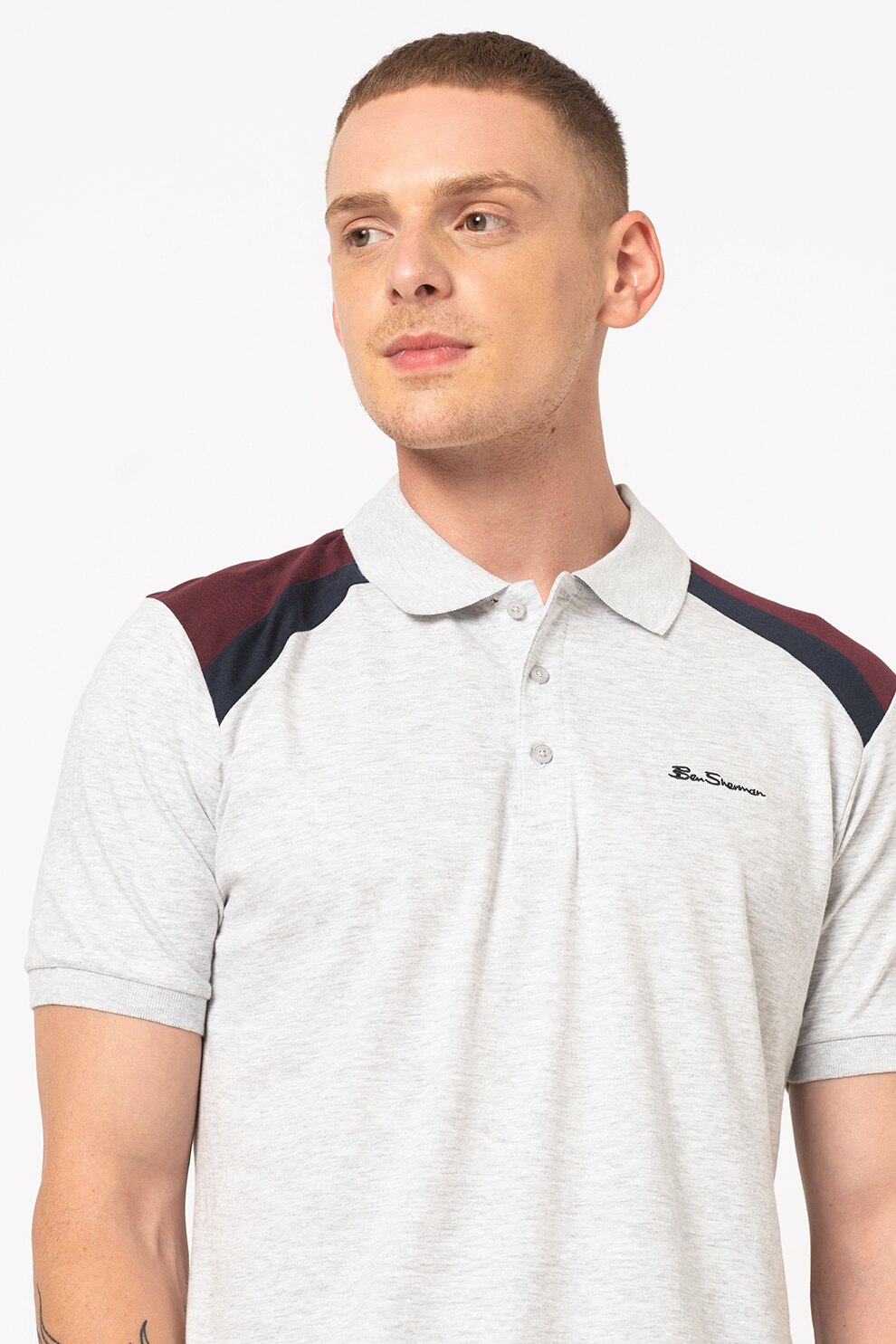 Ben Sherman, Tricou polo de bumbac cu segmente contrastante, Gri deschis melange/Rosu inchis