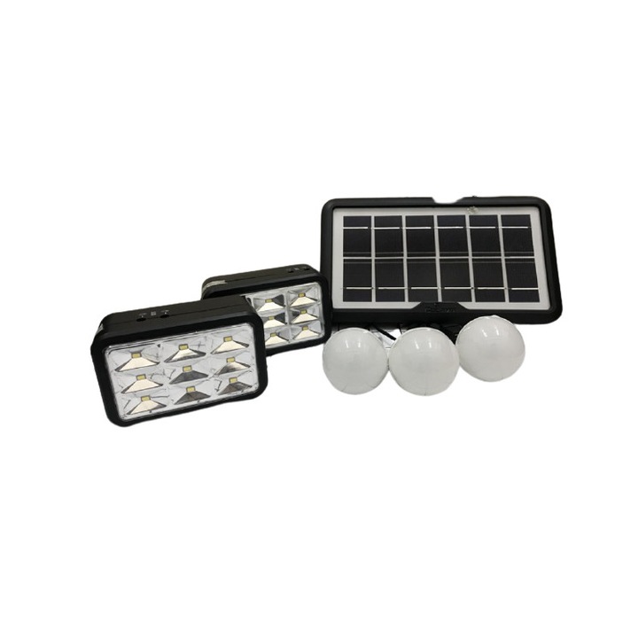 Kit Solar Portabil cu 3 Becuri, 2 x Lampi, Panou Solar, Incarcare 8-15 h, 5200 mAH, Autonomie 10h, Putere 3.8W, Design Compact, Negru