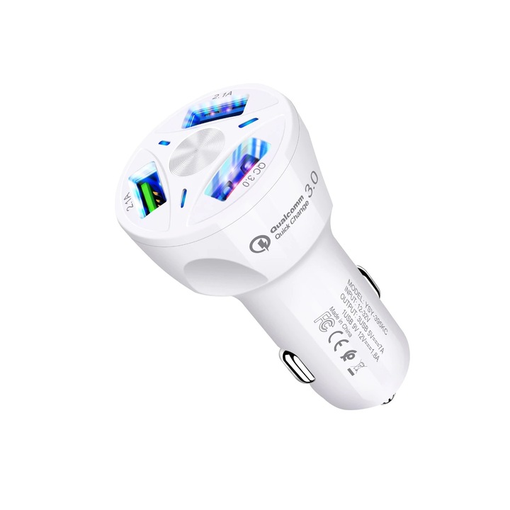 USB 3.0 gyorstöltő autós töltő - 3 USB port - fényes fehér