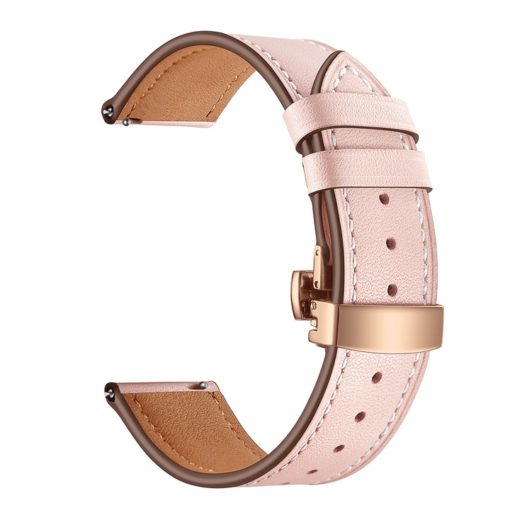 Кожена каишка Smart Pulse Premium, За Samsung Galaxy Watch 3 41mm, Active 2 40 mm, Huawei watch GT/GT 2/GT 3 42 mm, 20 mm, Катарама цвят Розово Злато, Розова