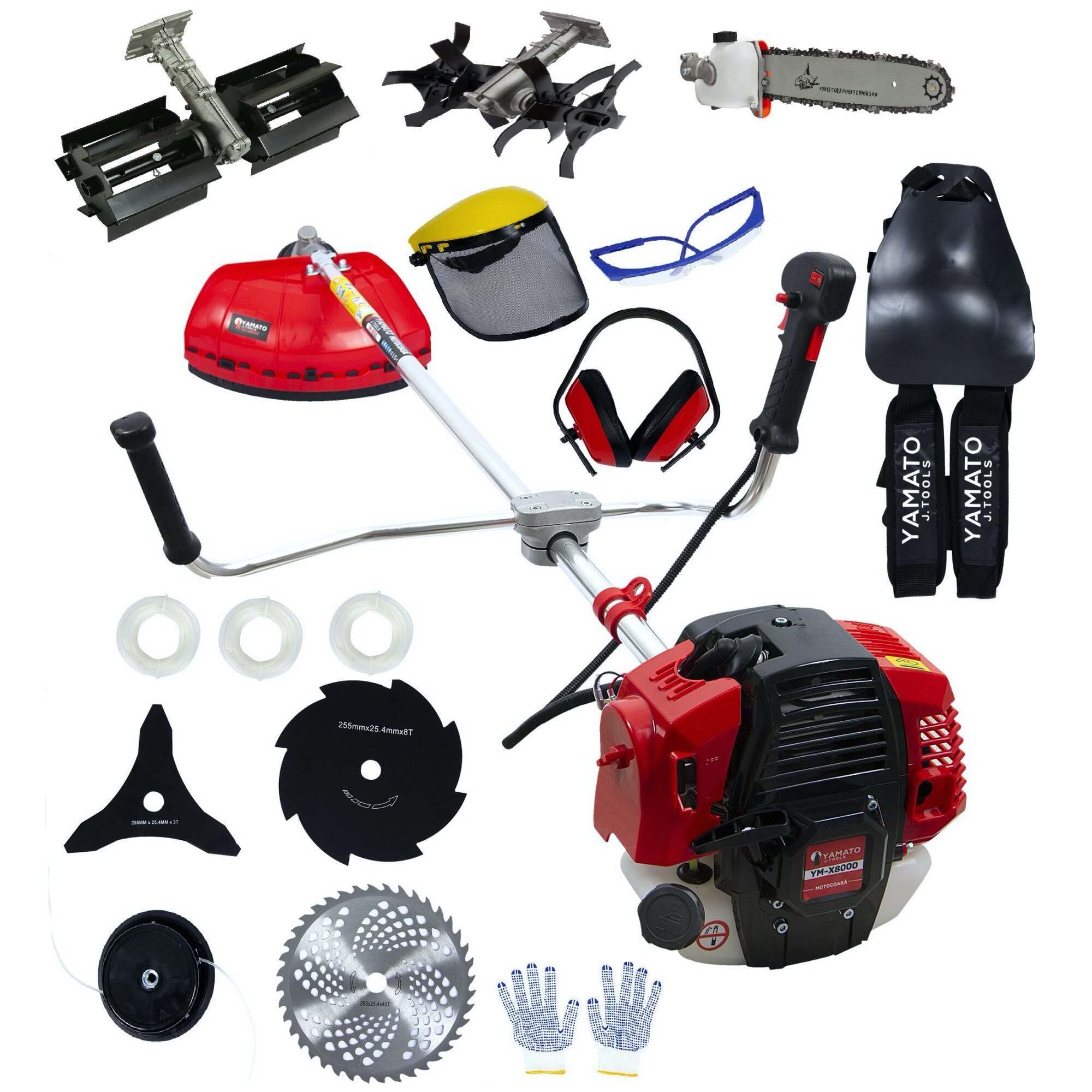 Motocoasa Yamato YM-X8000, 7.2CP, 10.000 RPM, 15 Accesorii Incluse, inclusiv dispozitive tip cultivator, prasitoare, drujba taiat crengi