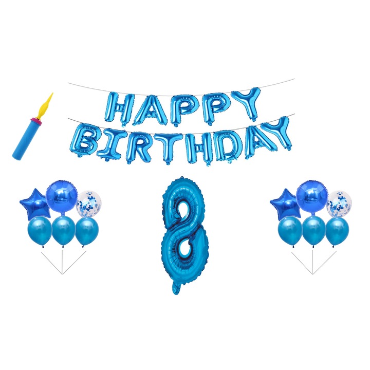 Комплект балони за рожден ден, 8 години, Честит рожден ден, сини, подарък за торта, 30 бр.