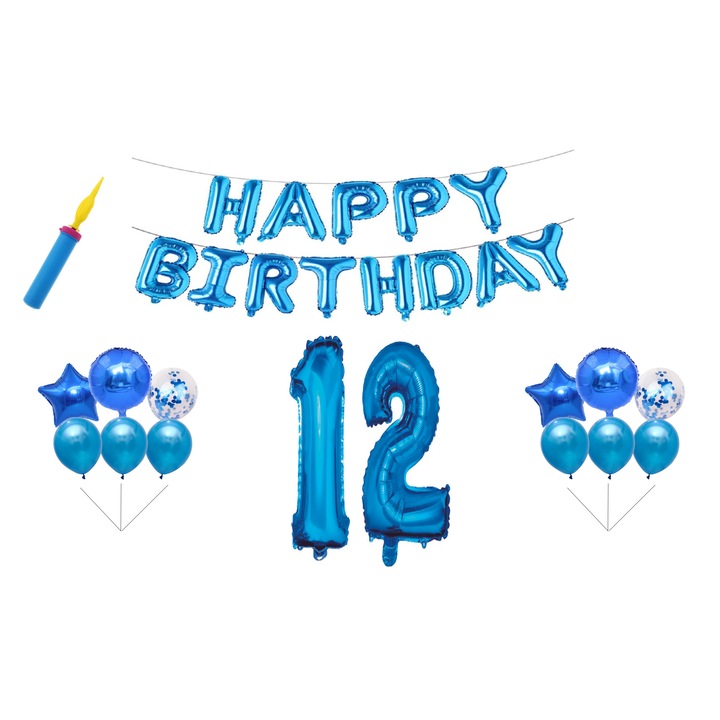 Комплект балони за рожден ден, 12 години, Честит рожден ден, сини, подарък за торта, 30 бр.