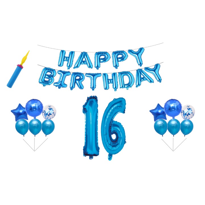 Комплект балони за рожден ден, 16 години, Честит рожден ден, сини, подарък за торта, 30 бр.