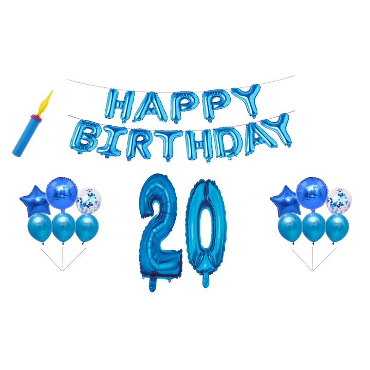 Комплект балони за рожден ден, 20 години, Честит рожден ден, сини, подарък за торта, 30 бр.