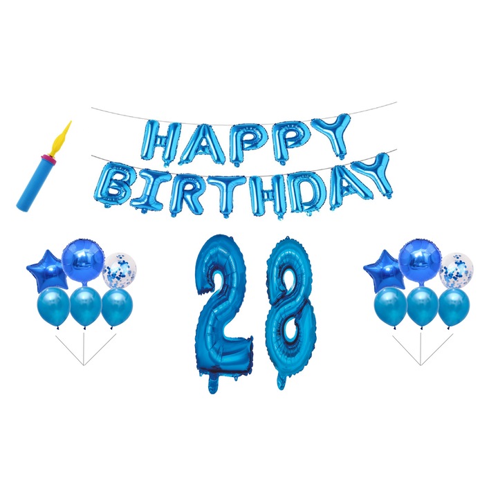 Születésnapi lufi szett, 28 éves, Boldog születésnapot, kék, tortalap ajándék, 30db