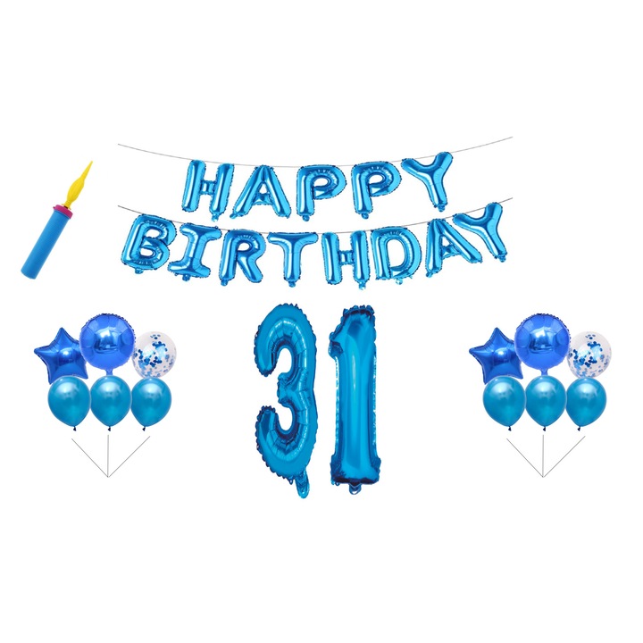Комплект балони за рожден ден, 31 години, Честит рожден ден, сини, подарък за торта, 30 бр.
