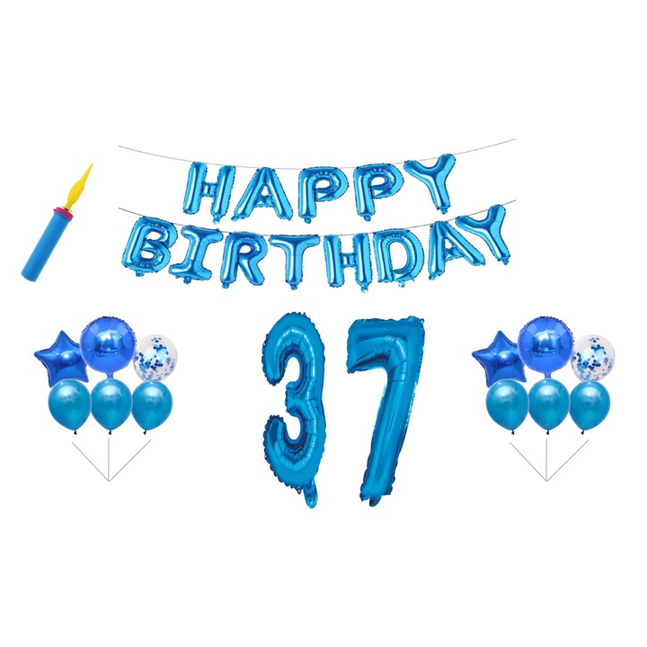 Születésnapi lufi szett, 37 éves, Boldog születésnapot, kék, tortalap ajándék, 30db