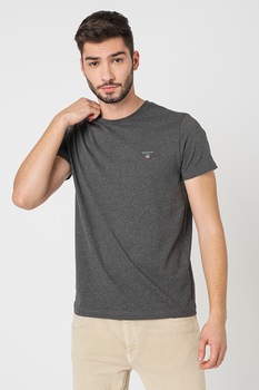 Gant, Tricou cu decolteu la baza gatului si logo brodat, Gri inchis melange Gant, Tricou cu decolteu la baza gatului si logo brodat, Gri inchis melange